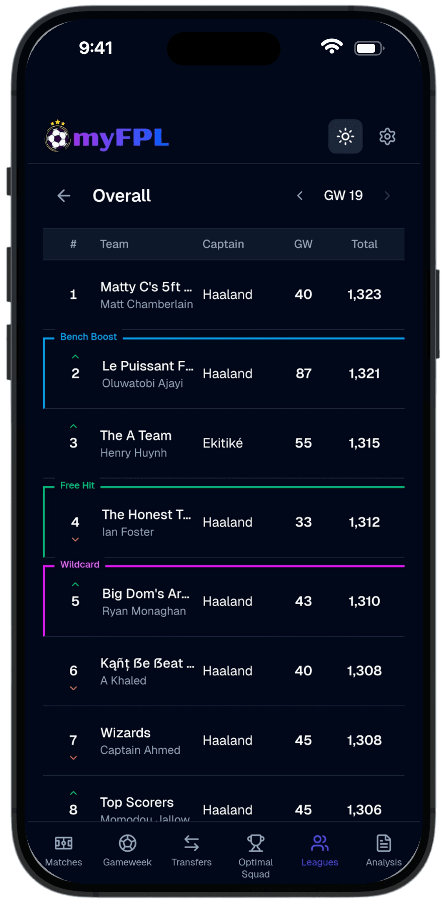 League Standings screenshot